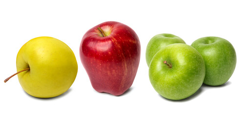 Red, yellow and green apples isolated on white close-up