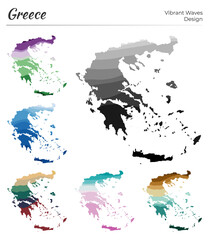 Set of vector maps of Greece. Vibrant waves design. Bright map of country in geometric smooth curves style. Multicolored Greece map for your design. Astonishing vector illustration.