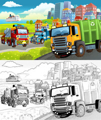 cartoon scene with sketch of the middle of a city with car driving by - illustration