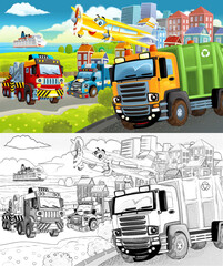 cartoon scene with sketch of the middle of a city with car driving by - illustration