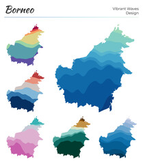Set of vector maps of Borneo. Vibrant waves design. Bright map of island in geometric smooth curves style. Multicolored Borneo map for your design. Vibrant vector illustration.