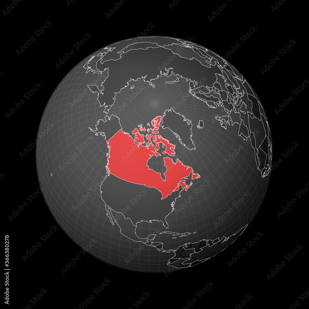 Poster Dark globe centered to Canada. Country highlighted with red color on world map. Satellite world projection. Authentic vector illustration.