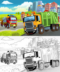 cartoon scene with sketch of the middle of a city with car driving by - illustration © honeyflavour