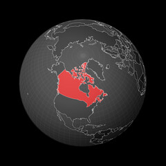 Dark globe centered to Canada. Country highlighted with red color on world map. Satellite world projection. Authentic vector illustration.