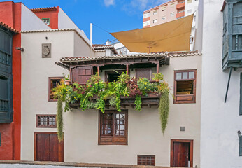 Fototapeta na wymiar Canarian wooden balconies, Avenida Maritima Nr.42, La Palma, Canary Islands