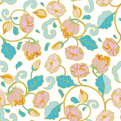 Vector royal baroque intarsia style pastel floral pattern, seamless design with hand drawn vintage florals on white background. Nature background. Surface pattern design.