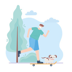 people with medical face mask, man riding skate with dog, city activity during coronavirus