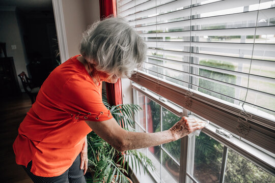 An elderly woman cleaning and sanitizing her window sill and blinds in her home