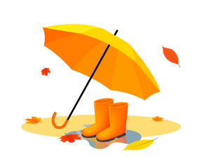 Orange umbrella and rubber boots on puddle after rain with autumn leaves. Vector flat illustrations.