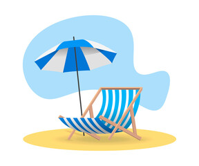 Beach chair and umbrella from the sun on sand in blue color. Vector flat illustrations.