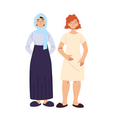 arabic and european women cartoons of cultural diversity vector design