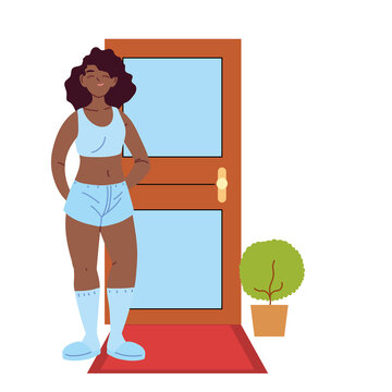 Black Woman Cartoon In Front Of Door Vector Design