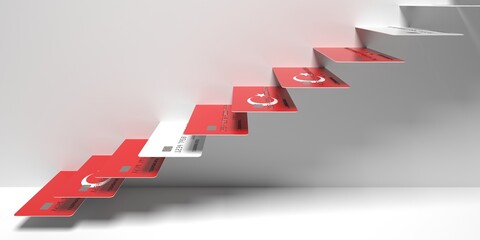 National flag of Turkey on credit cards as stairs of a staircase. Financial upward trend conceptual 3D rendering