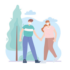 people with medical face mask, couple holding hands in the park, city activity during coronavirus