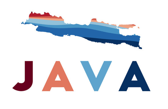 Java map. Map of the island with beautiful geometric waves in red and blue colors. Vivid Java shape. Vector illustration.