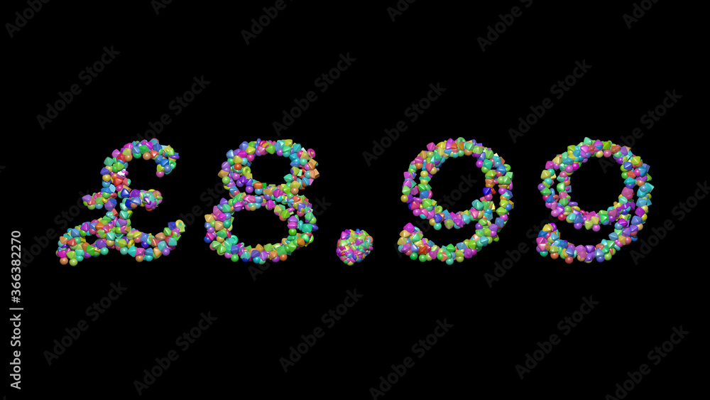 Poster £8.: 3d illustration of the text made of small objects over a black background with shadows