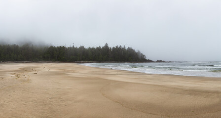 Panoramic View of Beautiful Sandy Beach on the Pacific Ocean Coast during a foggy morning. Taken in Raft Cove, Northern Vancouver Island, British Columbia, Canada. Nature Background Panorama