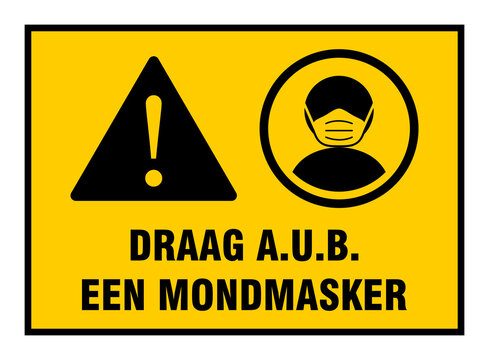 Draag A.u.b. Een Masker ("Please Wear a Face Mask" in Dutch) Horizontal Instruction Icon against the Spread of the Novel Coronavirus Covid-19. Vector Image.