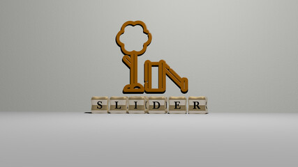 3D representation of slider with icon on the wall and text arranged by metallic cubic letters on a mirror floor for concept meaning and slideshow presentation. illustration and design