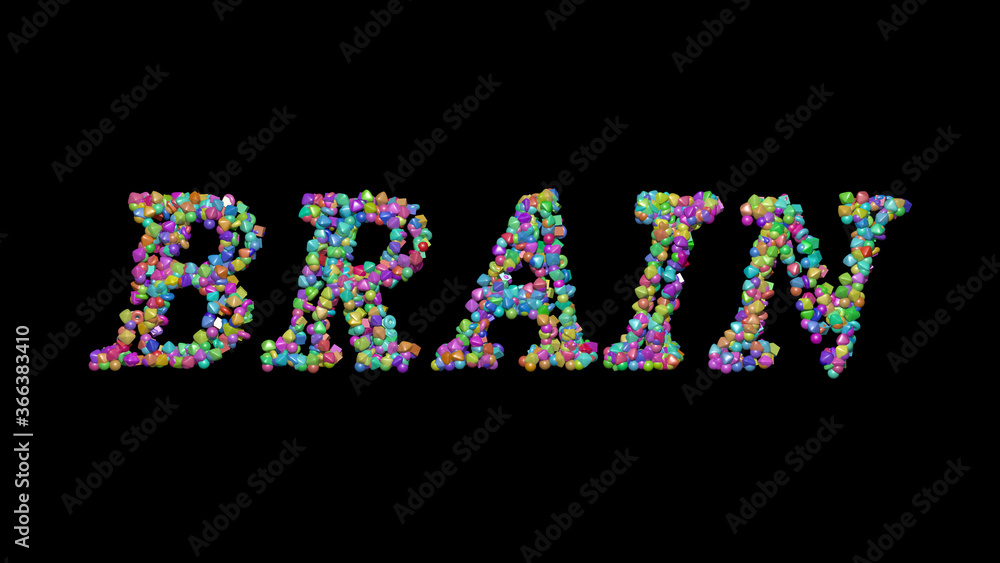 Poster brain written in 3d illustration by colorful small objects casting shadow on a black background. con