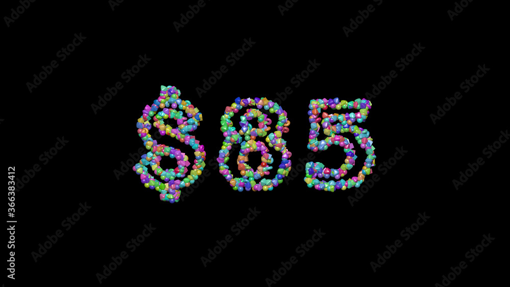 Poster $ written in 3d illustration by colorful small objects casting shadow on a black background