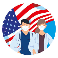 Woman and man doctor with medical mask and usa fag vector design