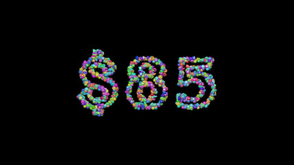 $ written in 3D illustration by colorful small objects casting shadow on a black background