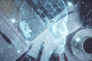Multi exposure of brain sketch hologram over topview work table background with computer. Concept of big data.
