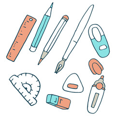 Pencil and eraser sticker set on white isolated backdrop. Stationery for invitation or gift card, notebook, bath tile, scrapbook. Phone case or cloth print art. Doodle style stock vector illustration