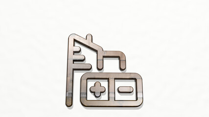 real estate market calculator building made by 3D illustration of a shiny metallic sculpture on a wall with light background. house and concept