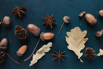 Obraz na płótnie Canvas Hello autumn. Floral design greeting card with fall festive decorations, acorns and dry leaves on dark surface. Thanksgiving day, seasonal concept. Copy space.