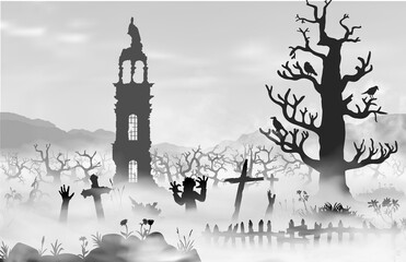 Halloween scareful landscape with trees, spooky branches, old church, graveyard objects, fence, zombies and hands of undeads. Black and whte simple hand drawn vector silhouettes.