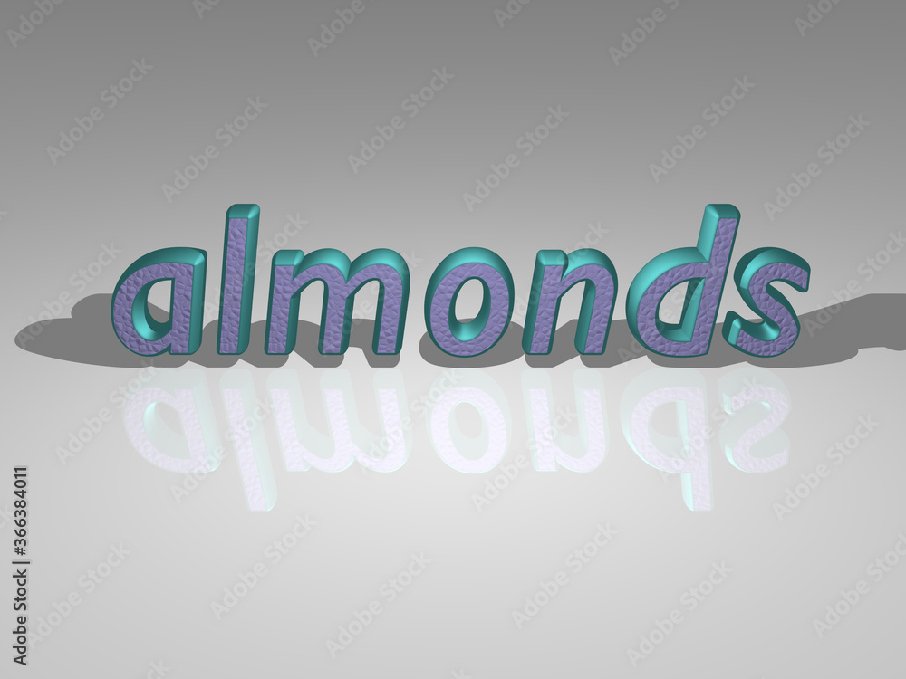 Poster 3d illustration of almonds text with light perspective and shadows, an image ideal for both commerci