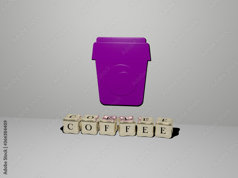 Poster 3d representation of coffee with icon on the wall and text arranged by metallic cubic letters on a m