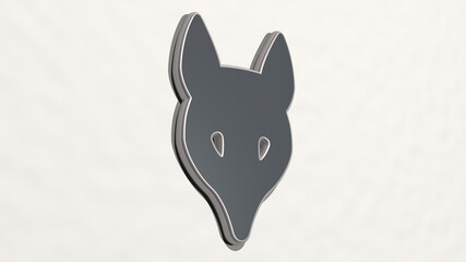 FOX from a perspective on the wall. A thick sculpture made of metallic materials of 3D rendering. illustration and animal