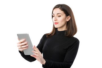 Fototapeta premium Woman business technology theme. Beautiful young caucasian woman in black shirt posing standing with tablet hands on white isolate background. Profession Marketer Sales Social Media Advertising