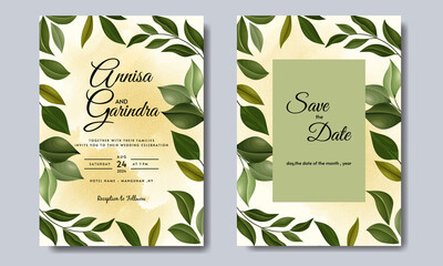  Elegant wedding invitation card with beautiful  leaves template Premium Vector