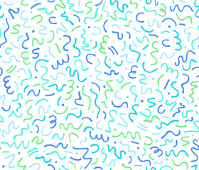Freehand flowing doodles. Abstract pattern with hand drawn doodles colored in blues and greens. Fun kids textile pattern