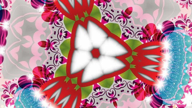 Video Footage of Multicolored Kaleidoscopic Floral Pattern. computer Generated Fractal Designs for Background. Seamless colorful Ornamental piece of Art.