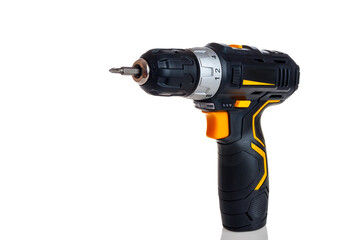 electric cordless screwdriver drill isolated on white background, professional home repair tool, hand power tool, copy space, mock up, design