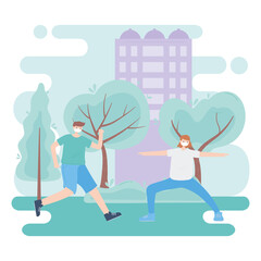 people with medical face mask, couple practicing exercise in the park, city activity during coronavirus