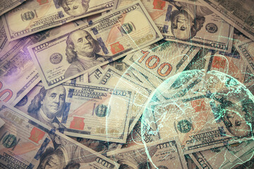 Fototapeta na wymiar Multi exposure of social network drawing over us dollars bill background. Concept of people connection.