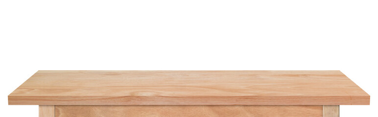 Empty wooden tabletop isolated on white background. rustic desk wood for placement or montage product display.