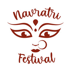 goddess durga face in happy navratri lettering silhouette style icon