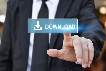 Businessman hand pushing web download icon on virtual touchscreen interface.