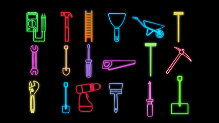 Set of bright glowing multicolored construction industrial neon signs for shop workshop service center beautiful shiny with items icons of repair tools on black background. Vector illustration