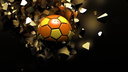 Orange-yellow Soccer ball crash a gold wall and wall was cracked under spot lighting background. 3D illustration. 3D high quality rendering.