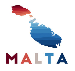 Malta map. Map of the island with beautiful geometric waves in red and blue colors. Vivid Malta shape. Vector illustration.