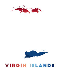 Virgin Islands map. Map of the island with beautiful geometric waves in red blue colors. Vivid Virgin Islands shape. Vector illustration.