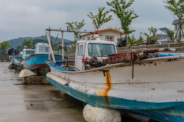 Fototapeta na wymiar Dry docked fishing boats
